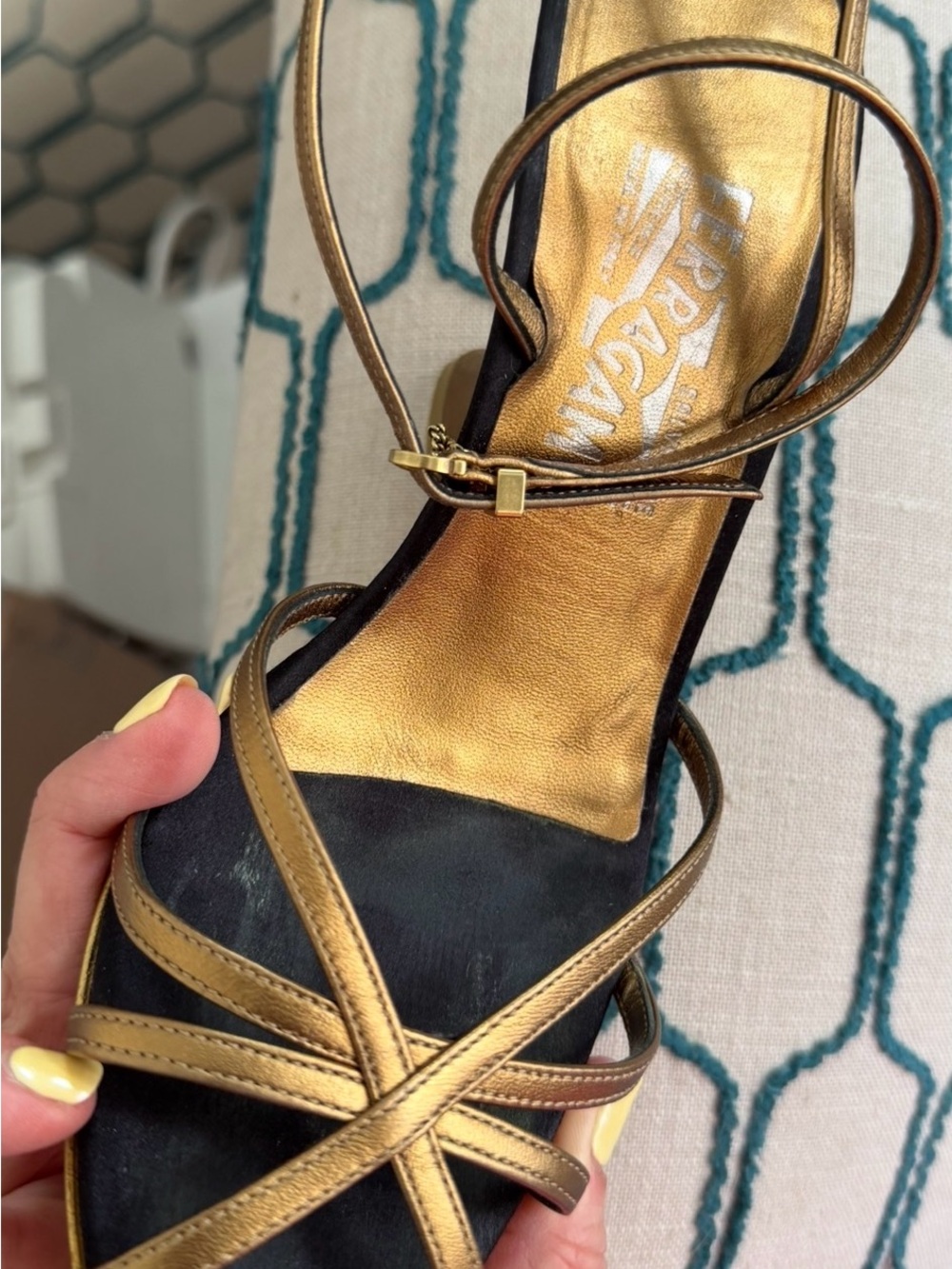 Salvatore Ferragamo Metallic Gold Strappy Slingback Heels - Picture 2 of 3